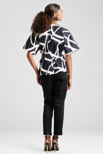 Spiral Cotton Taffeta Short Sleeve Button Down Shirt Black/White Natori
