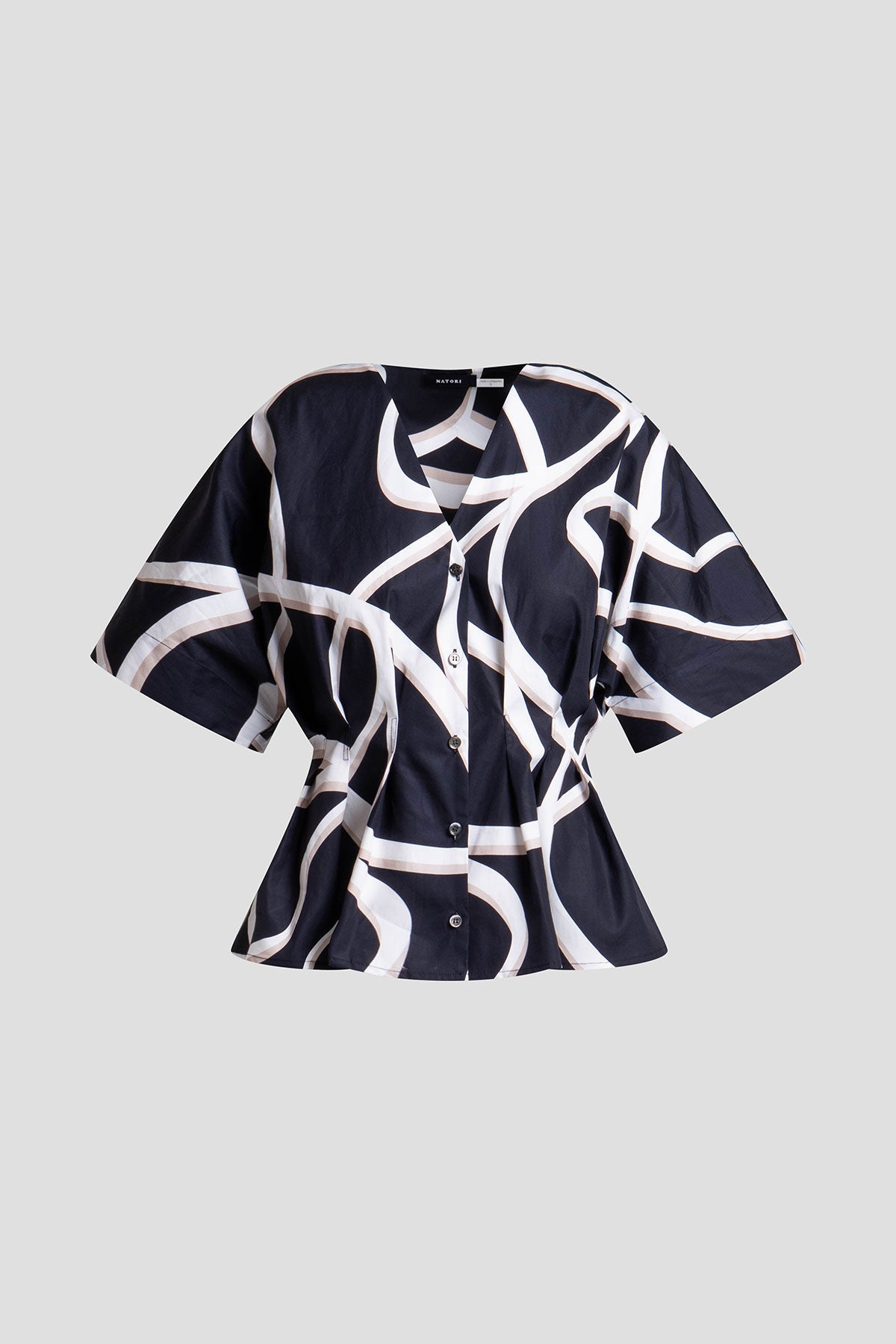 Spiral Cotton Taffeta Short Sleeve Button Down Shirt Black/White Natori