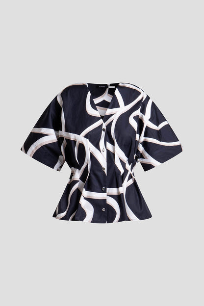 Spiral Cotton Taffeta Short Sleeve Button Down Shirt Black/White Natori