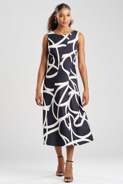 Spiral Cotton Taffeta Asymmetric Seam Dress Black/White Natori