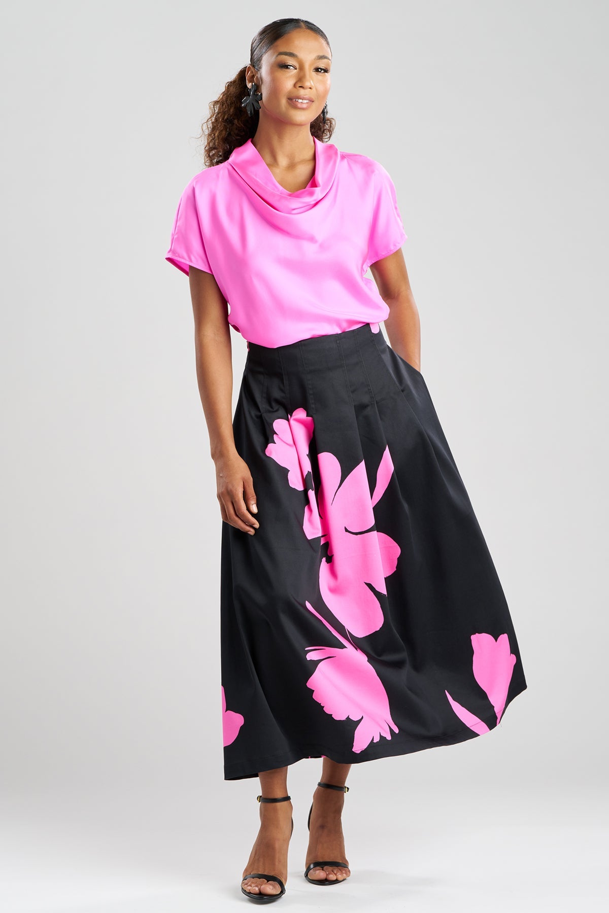 Peony Cotton Chino Pleated Skirt Fresh Pink/Black Natori