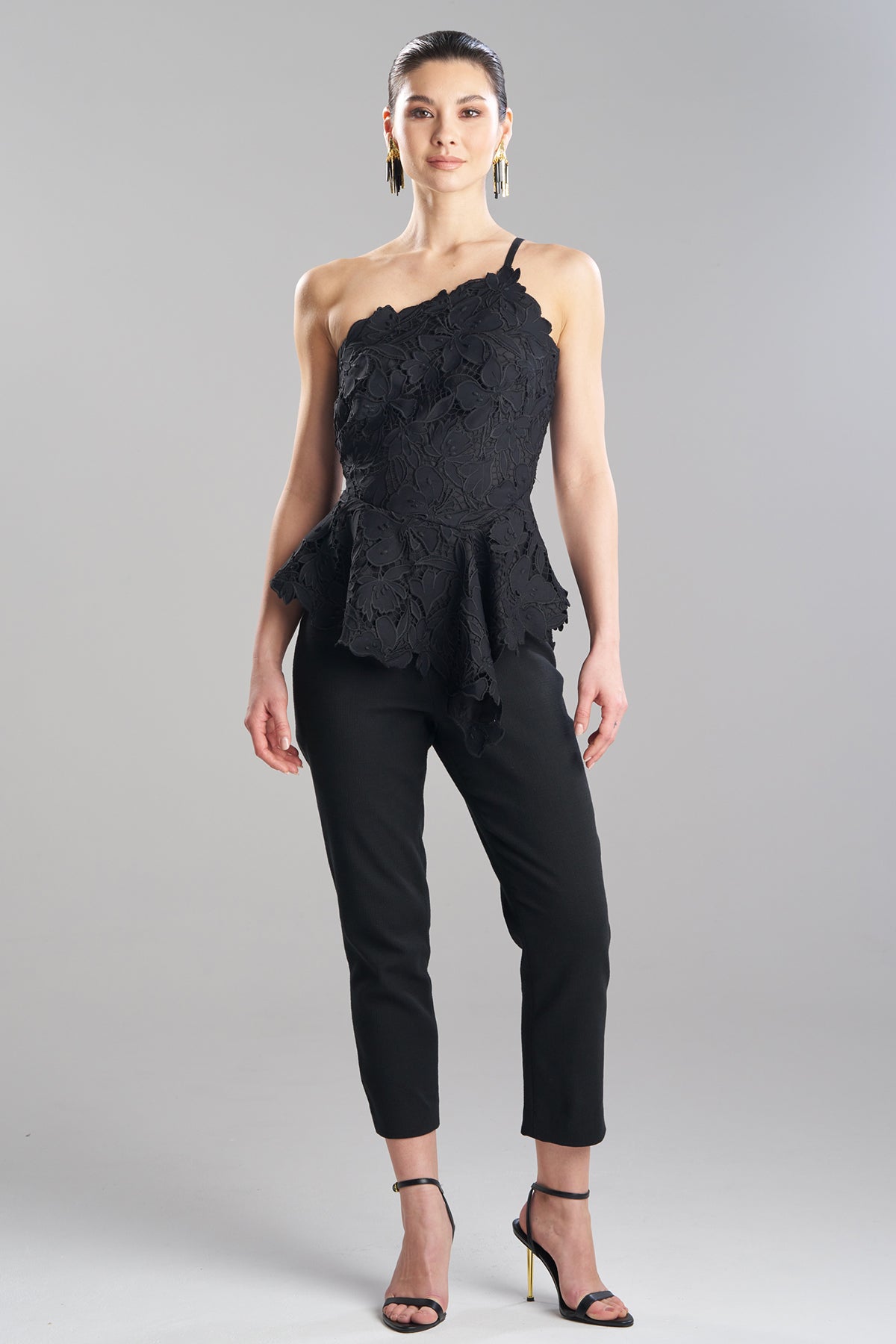 Peony Floral Lace Asymmetric Halter Top Black Natori