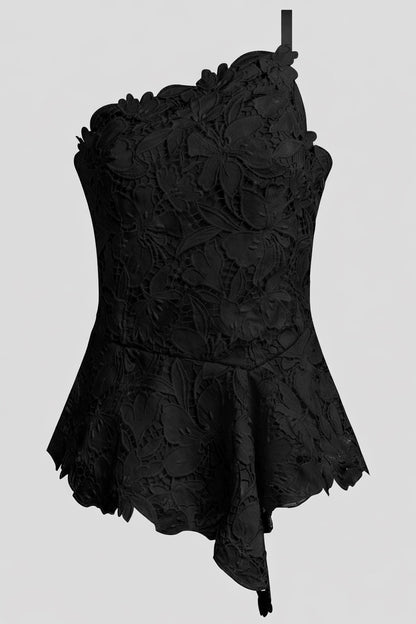 Peony Floral Lace Asymmetric Halter Top Black Natori