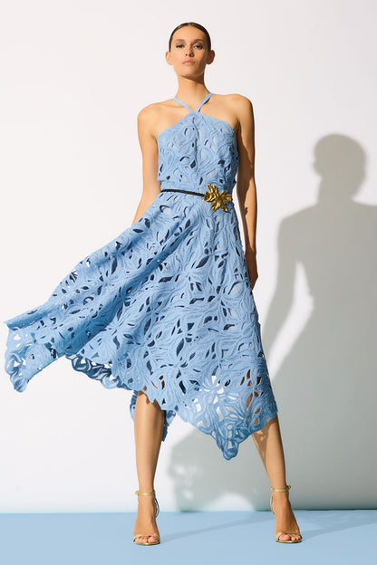Cutout Leaf Lace Halter Dress Blue Iris Natori