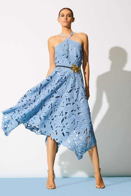 Cutout Leaf Lace Halter Dress Blue Iris Natori