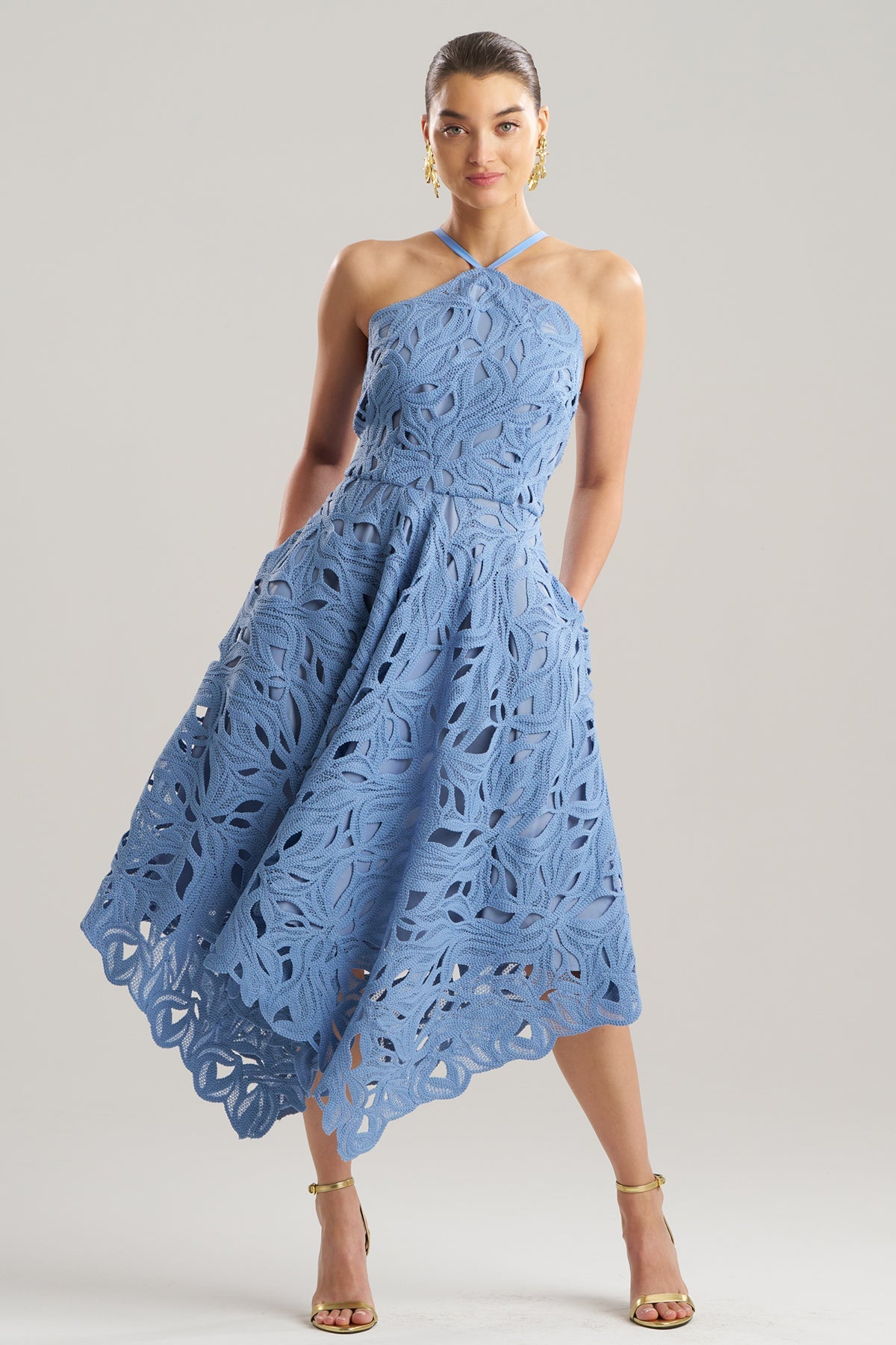 Cutout Leaf Lace Halter Dress Blue Iris Natori