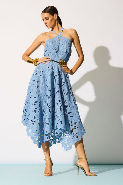 Cutout Leaf Lace Halter Dress Blue Iris Natori