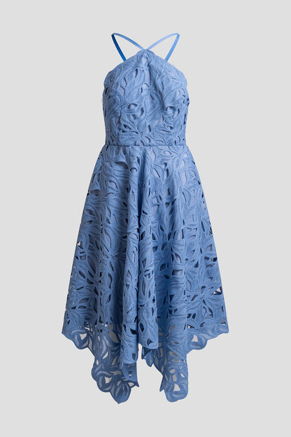 Cutout Leaf Lace Halter Dress Blue Iris Natori