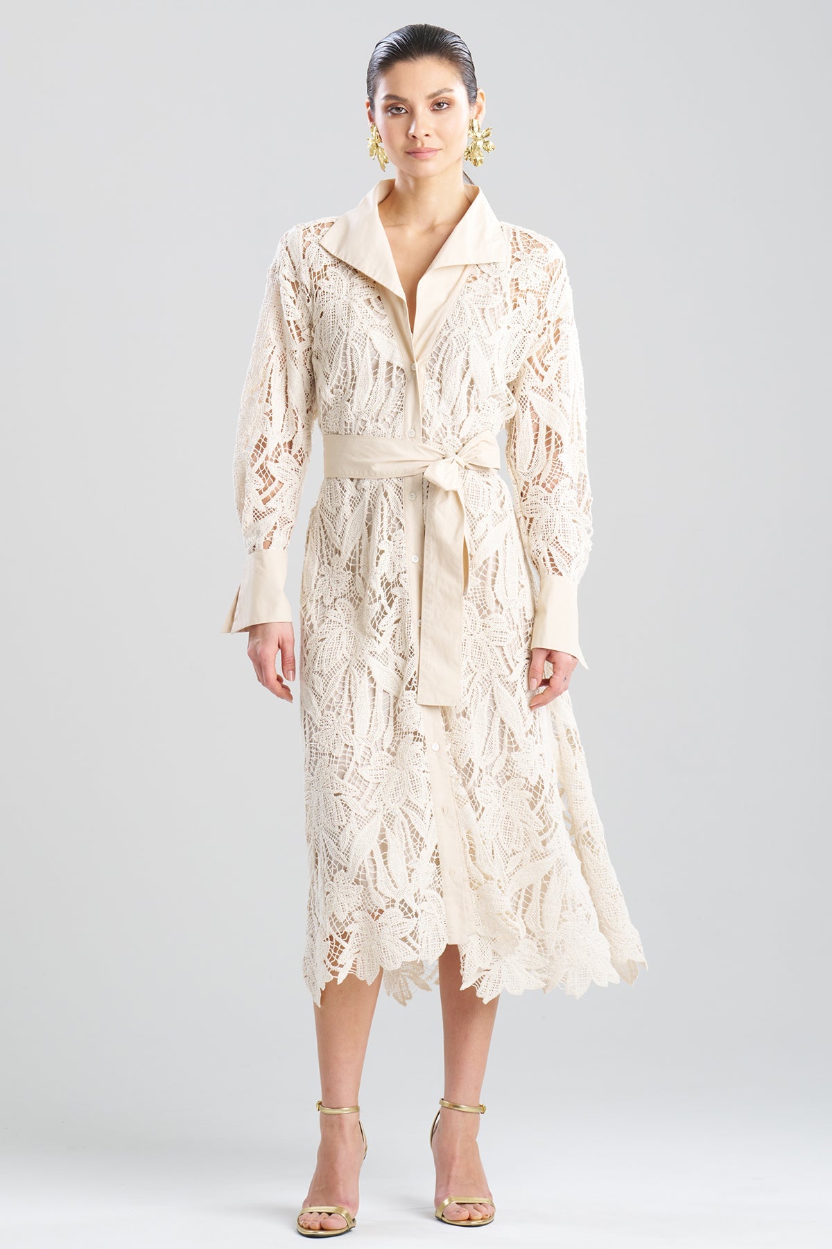 Crochet Lace Cotton Oversized Button Down Shirtdress Parchment Natori