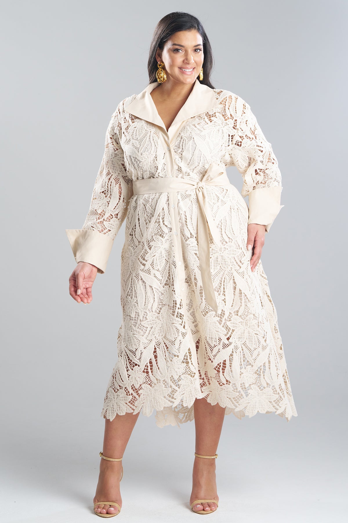 Crochet Lace Cotton Oversized Button Down Shirtdress Parchment Natori