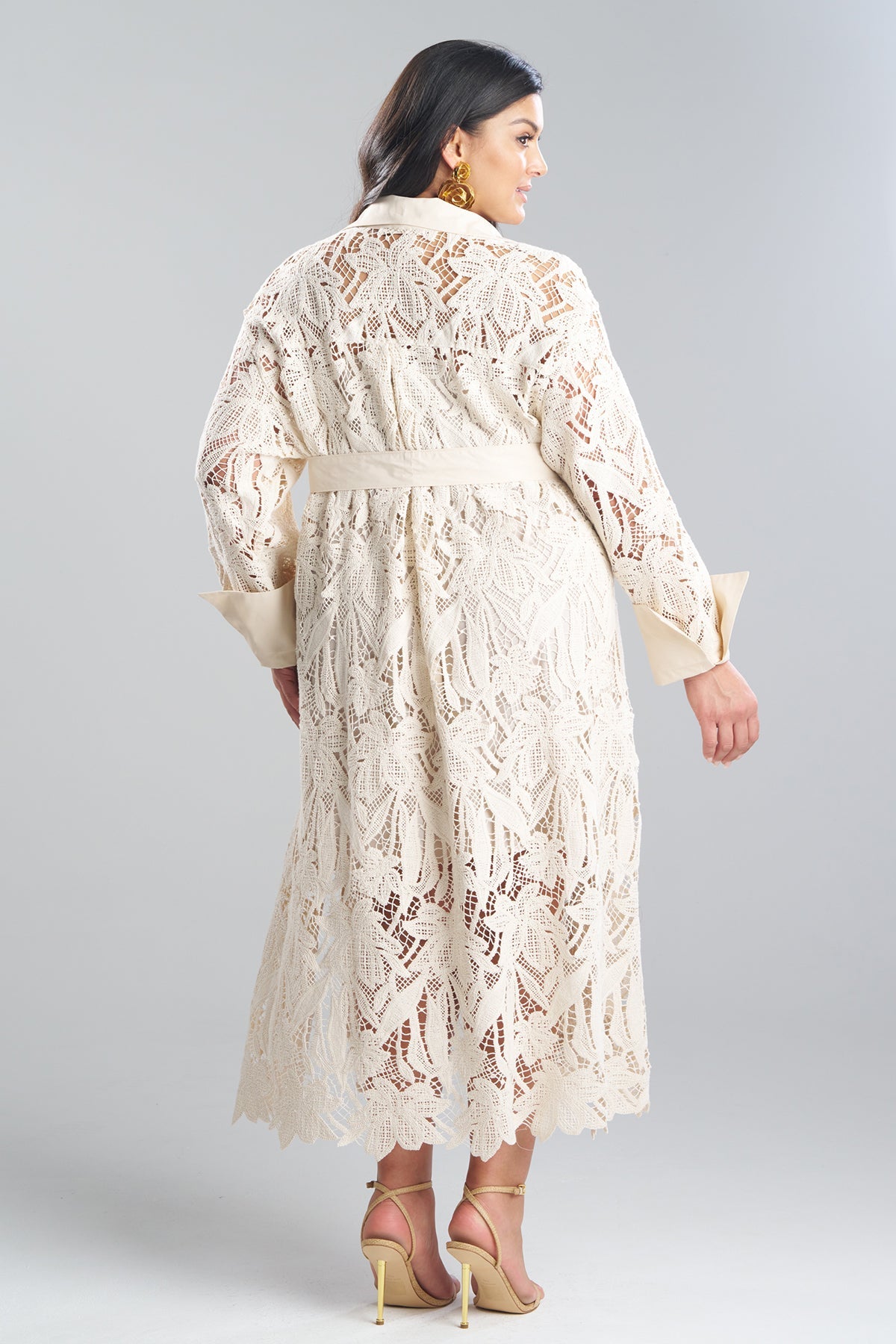 Crochet Lace Cotton Oversized Button Down Shirtdress Parchment Natori