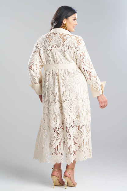 Crochet Lace Cotton Oversized Button Down Shirtdress Parchment Natori