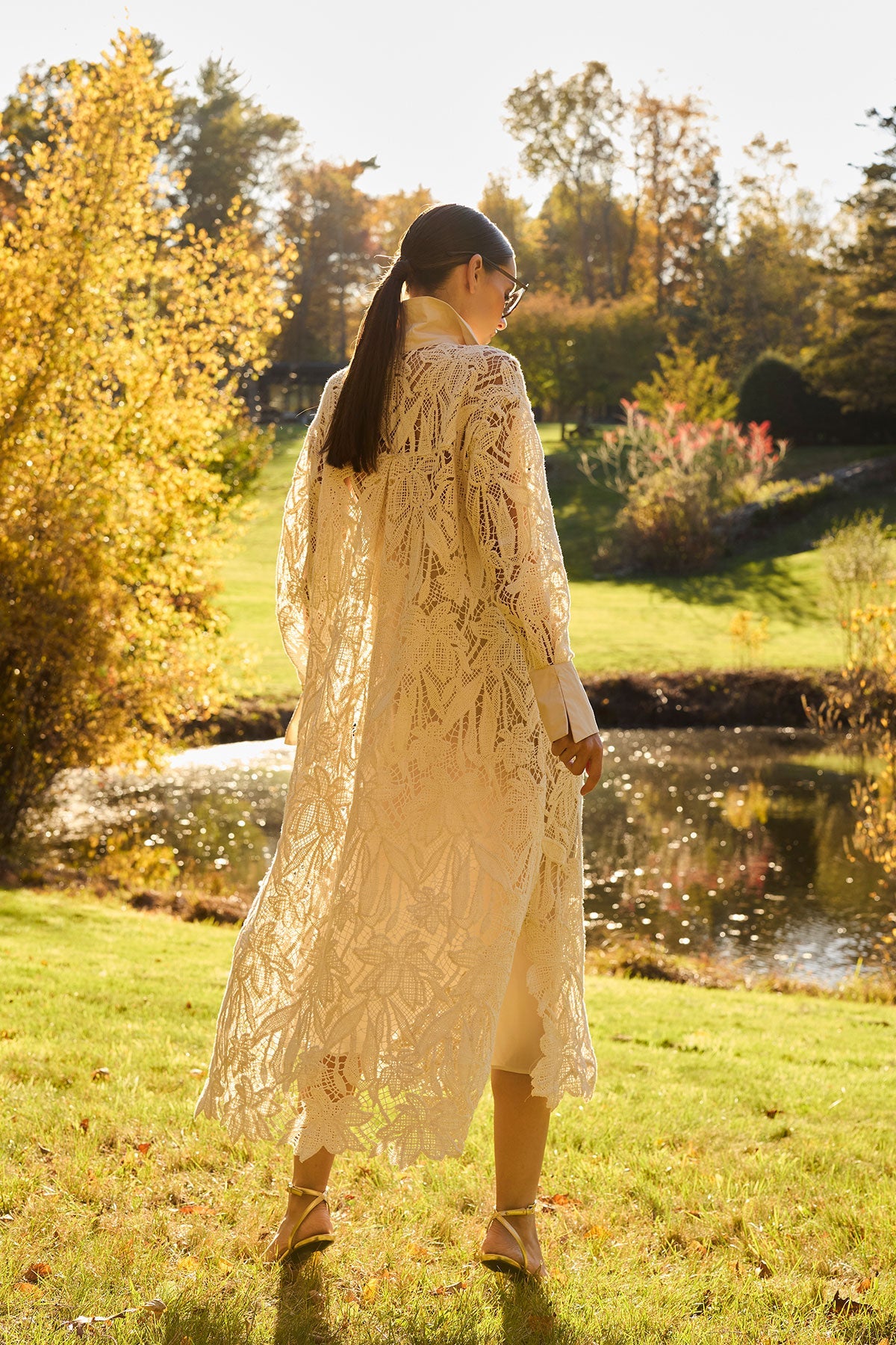 Crochet Lace Cotton Oversized Button Down Shirtdress Parchment Natori