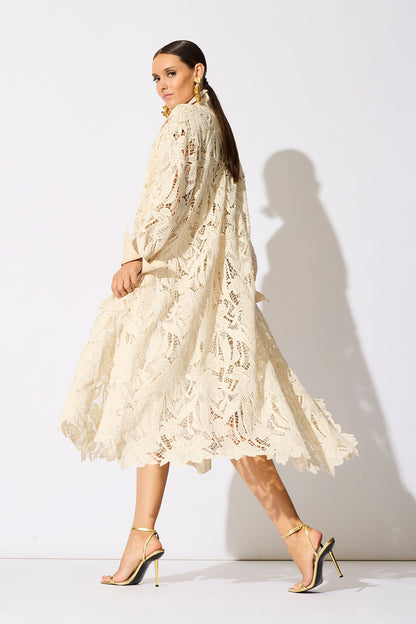 Crochet Lace Cotton Oversized Button Down Shirtdress Parchment Natori