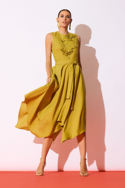 Solid Linen Handkerchief Embellished Dress Army Green Natori