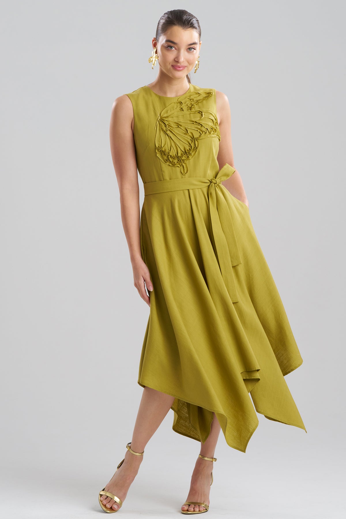 Solid Linen Handkerchief Embellished Dress Army Green Natori
