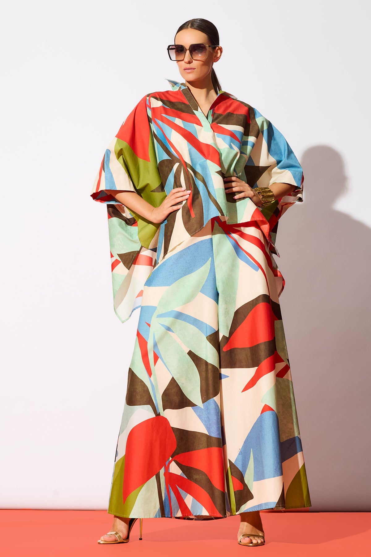 Abstract Palm Cotton Poplin Oversized Caftan Top Multi Natori