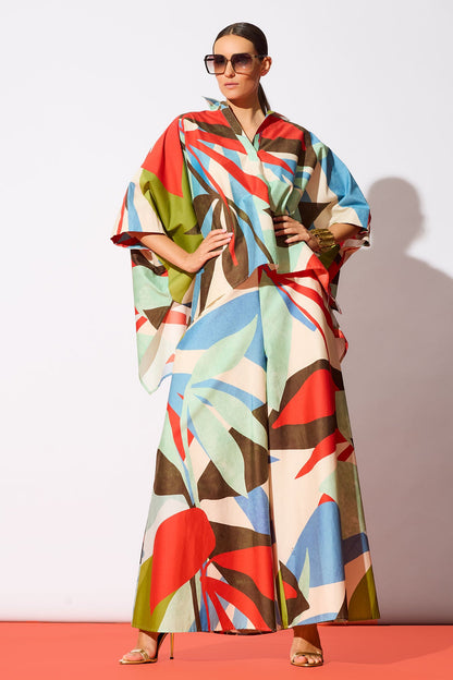 Abstract Palm Cotton Poplin Oversized Caftan Top Multi Natori