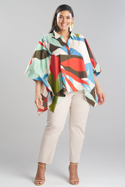 Abstract Palm Cotton Poplin Oversized Caftan Top Multi Natori
