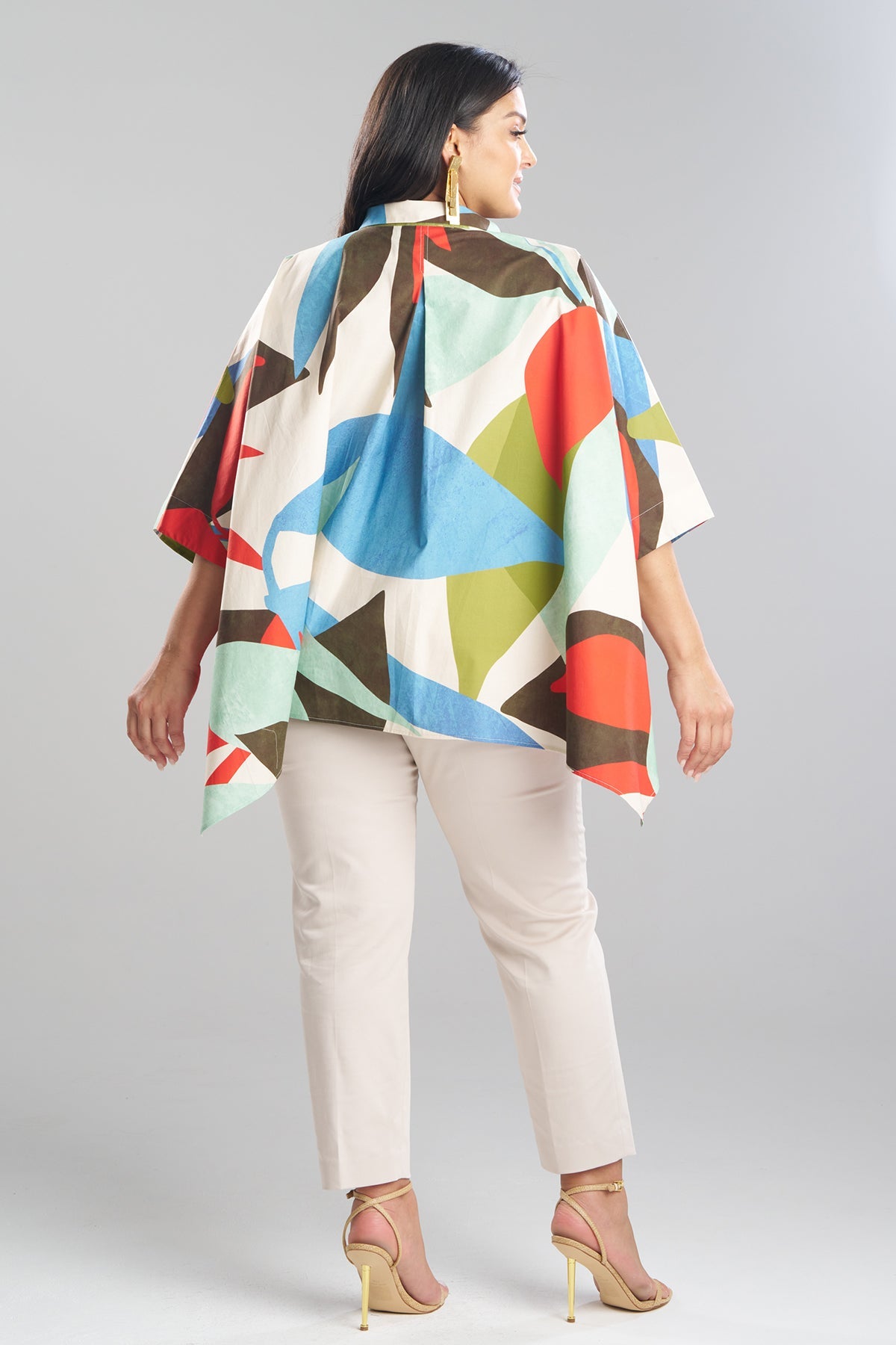 Abstract Palm Cotton Poplin Oversized Caftan Top Multi Natori