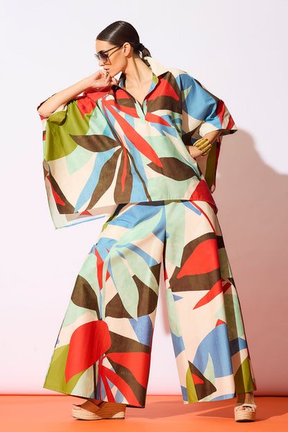 Abstract Palm Cotton Poplin Oversized Caftan Top Multi Natori