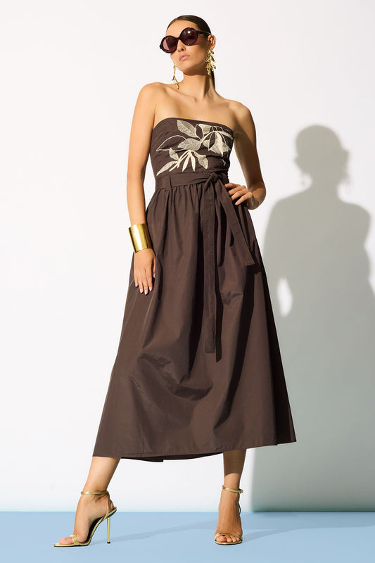 Techno Poplin Embroidered Strapless Belted Dress Coffee Bean Natori