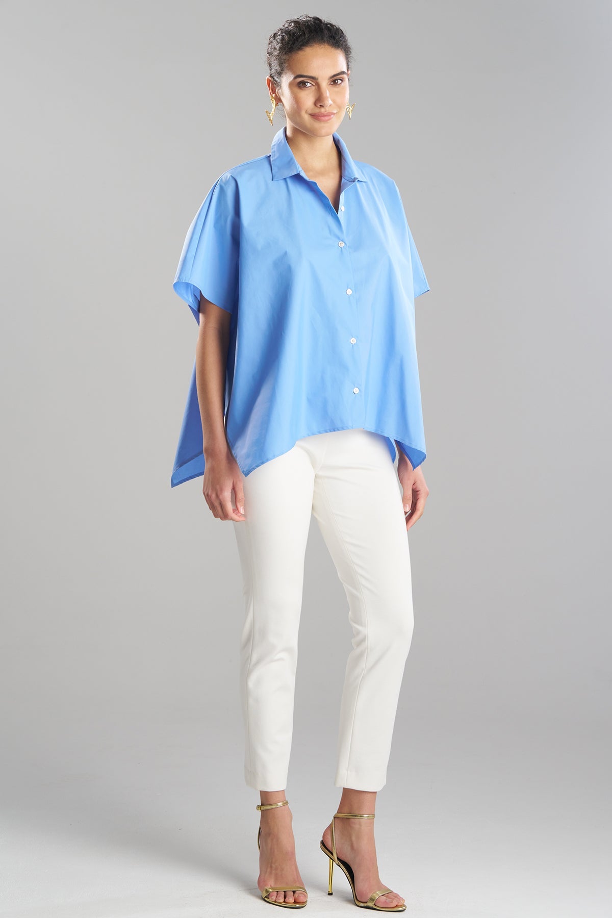 Techno Poplin Button Down Caftan Shirt Blue Iris Natori