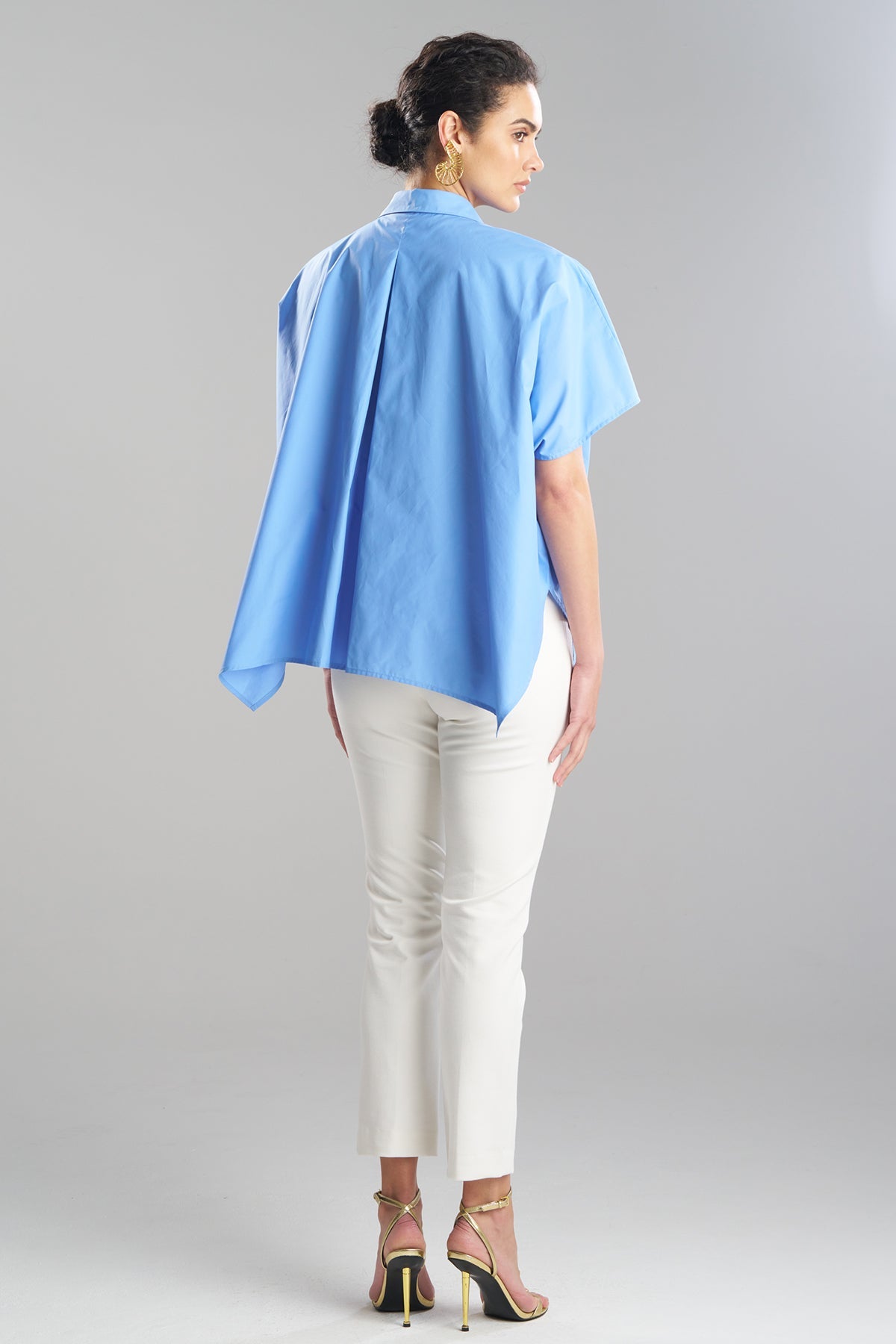 Techno Poplin Button Down Caftan Shirt Blue Iris Natori