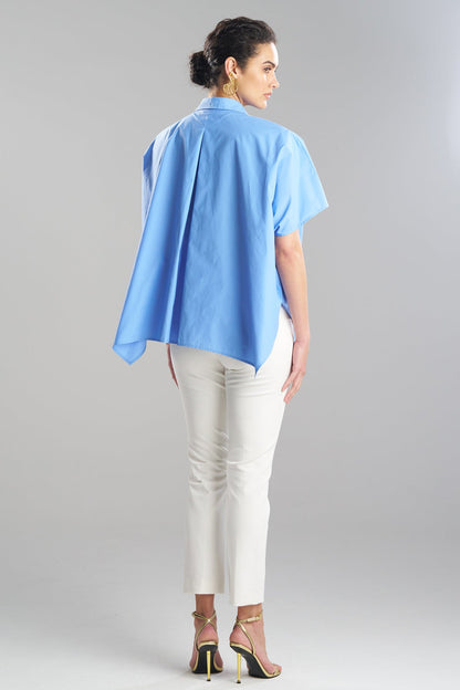 Techno Poplin Button Down Caftan Shirt Blue Iris Natori