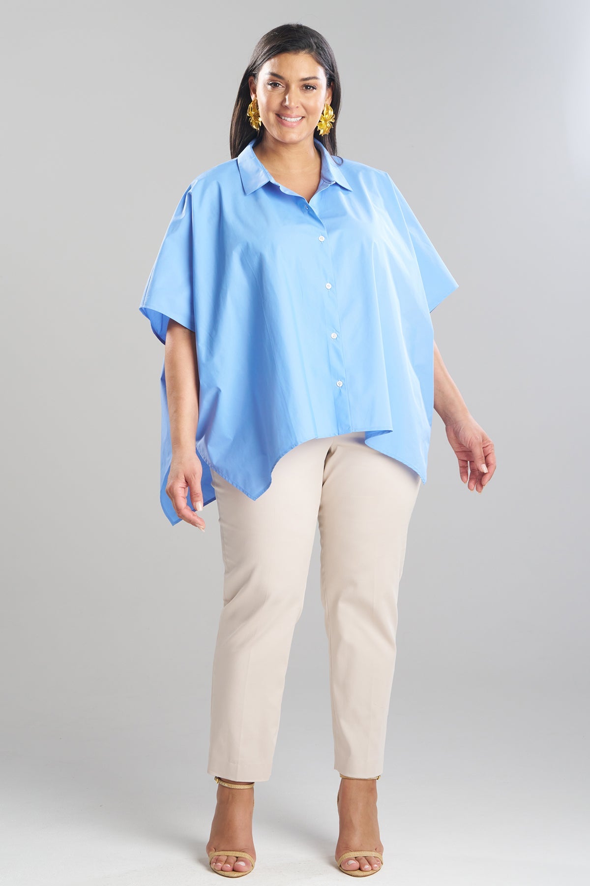 Techno Poplin Button Down Caftan Shirt Blue Iris Natori