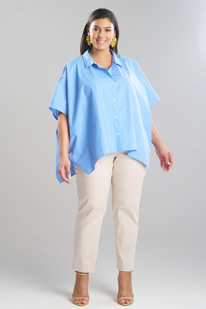Techno Poplin Button Down Caftan Shirt Blue Iris Natori