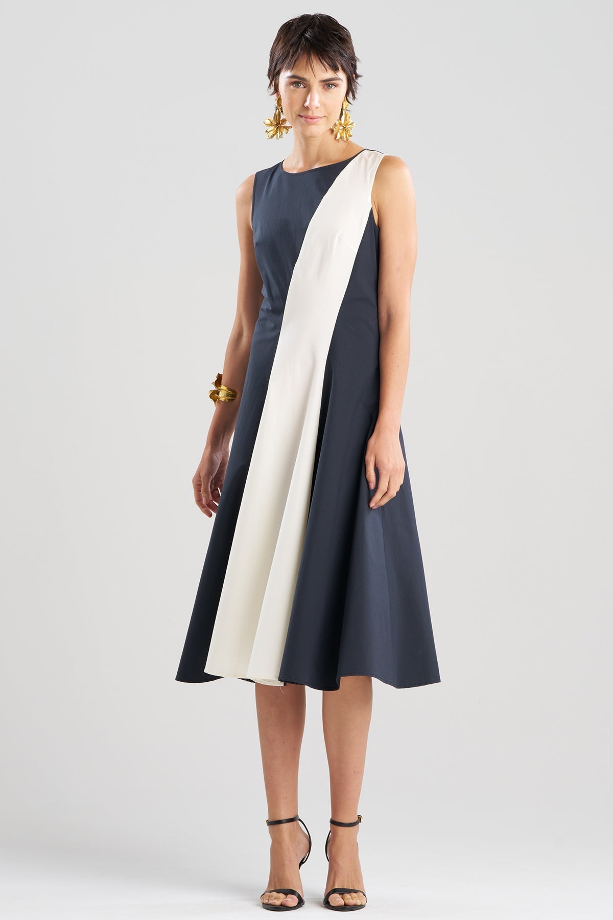 Color Block Tech Cotton Taffeta Asymmetric Dress Black/White Natori