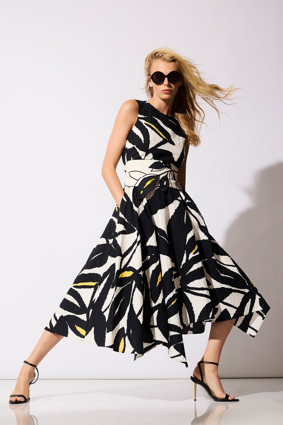 Leaf Matelassé Cotton Origami Maxi Dress Ivory/Black Natori