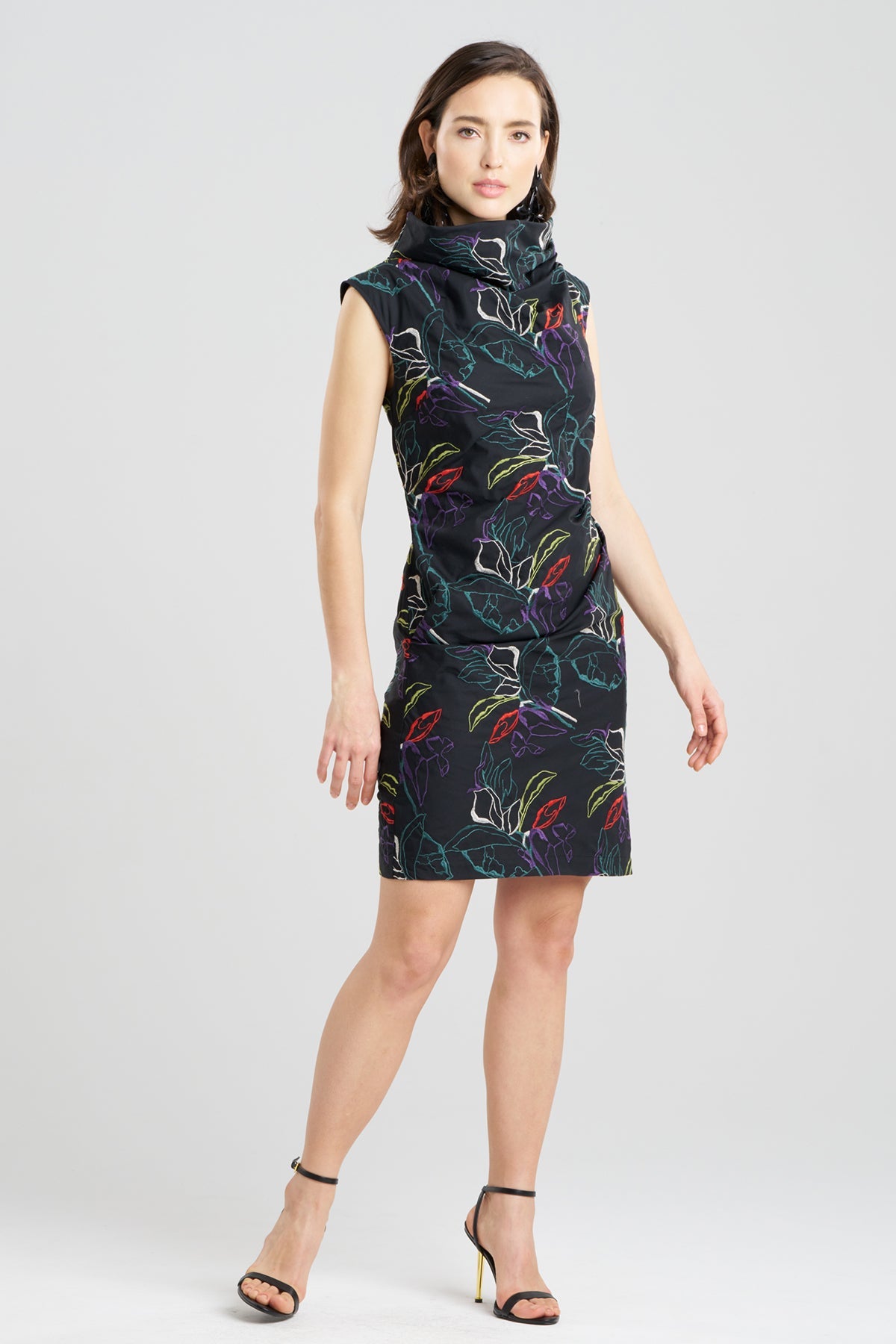Yoru Embroidered Cotton Poplin Asymmetric Funnel Neck Dress Black Deep Orchid Natori