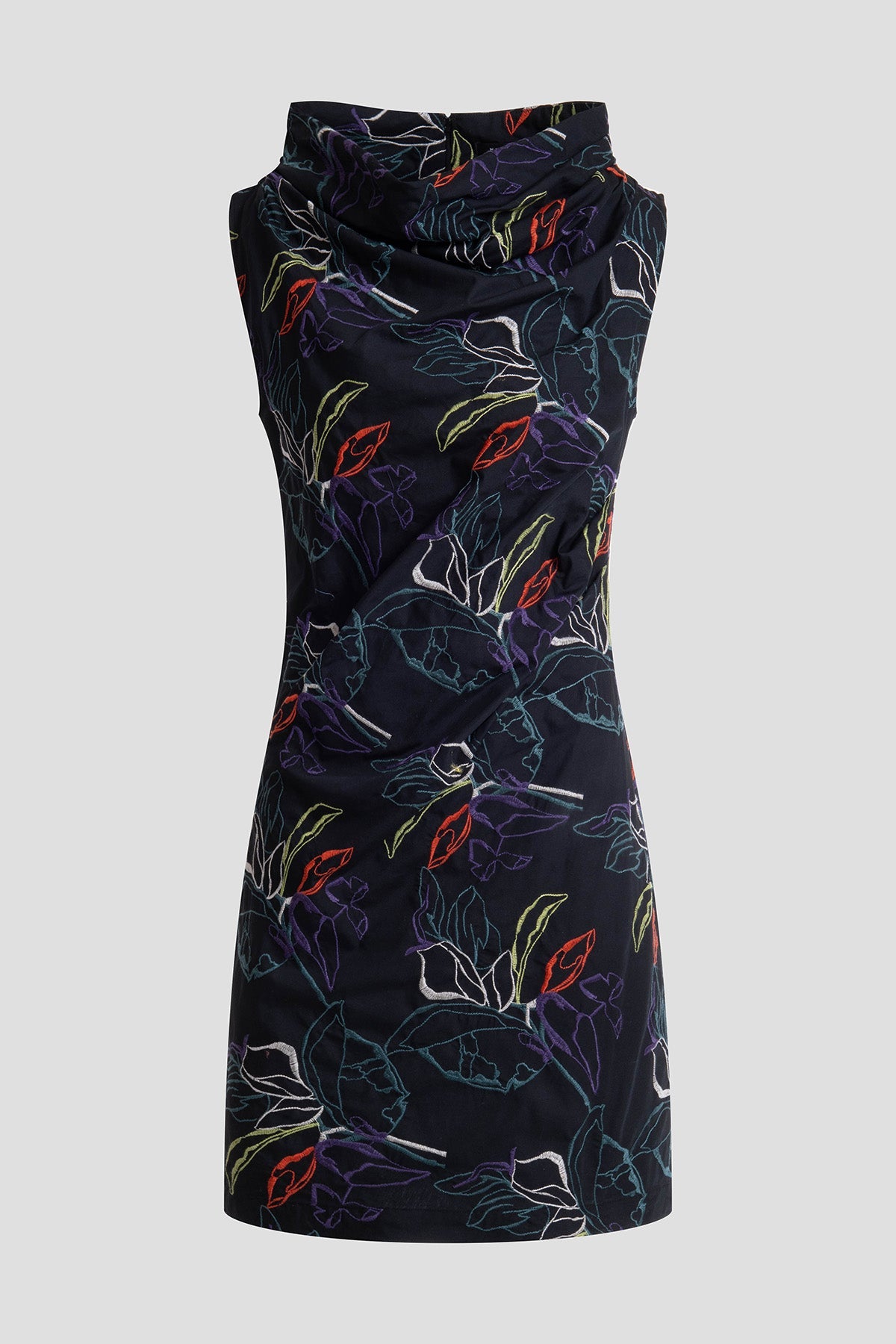 Yoru Embroidered Cotton Poplin Asymmetric Funnel Neck Dress Black Deep Orchid Natori