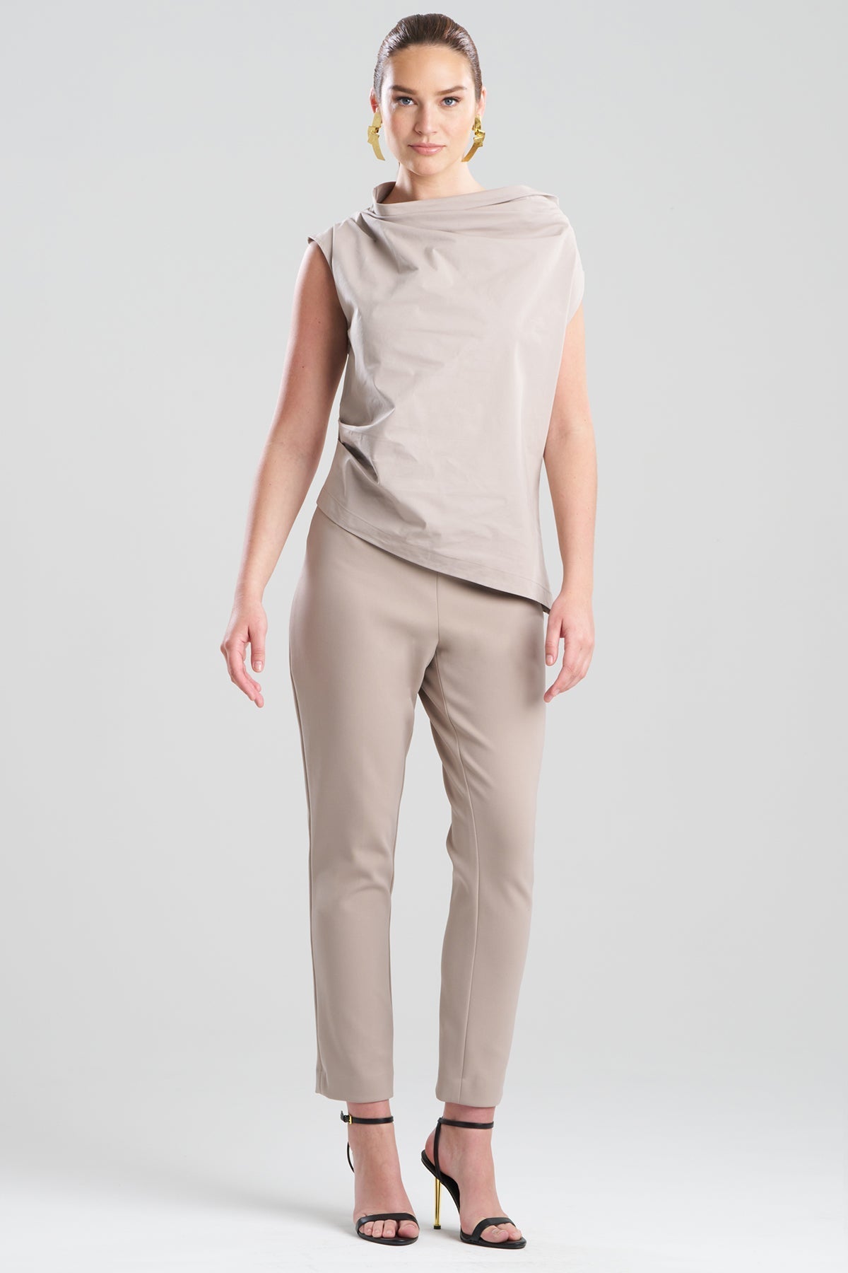 Tech Cotton Taffeta Asymmetric Funnel Neck Top Taupe Natori