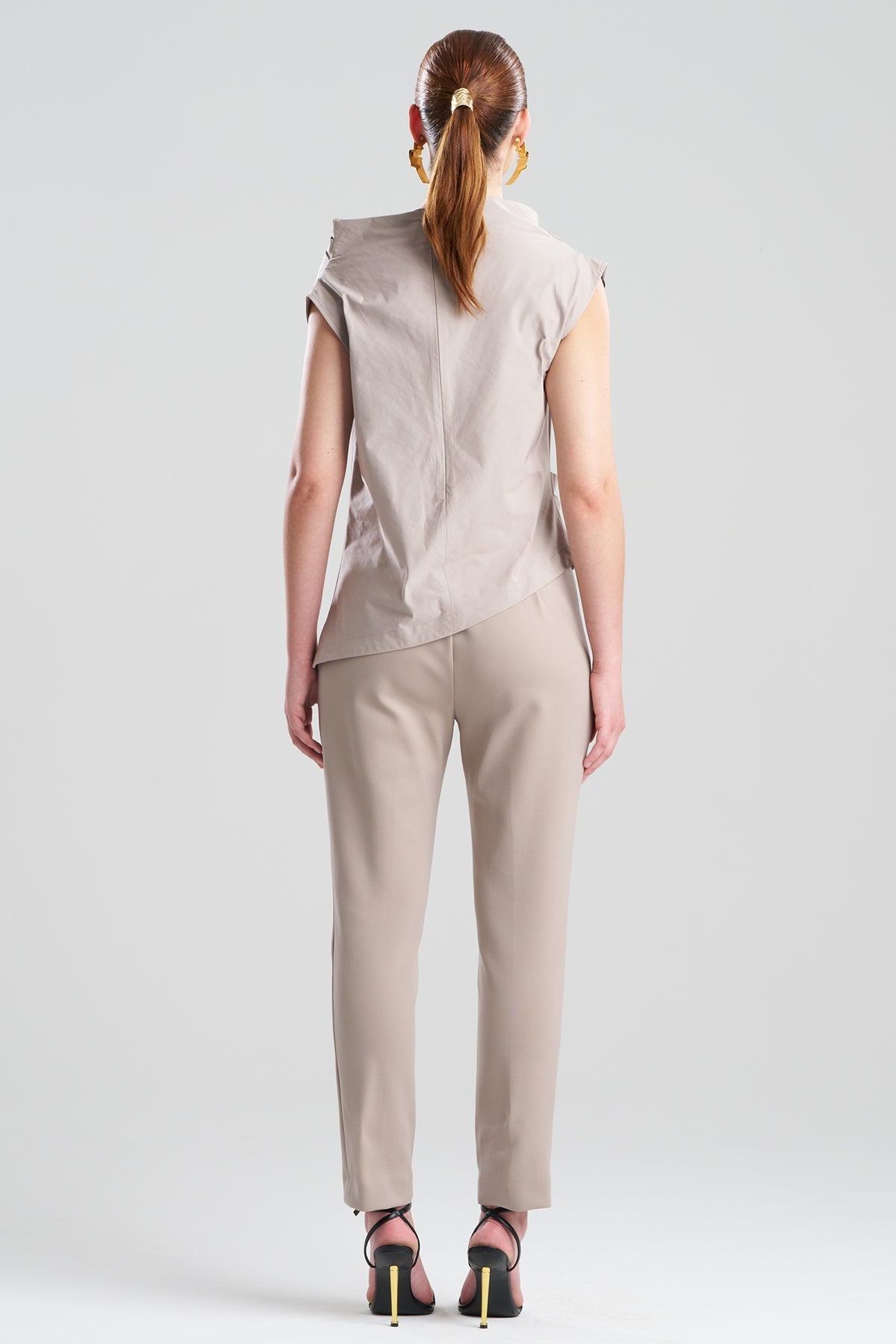Tech Cotton Taffeta Asymmetric Funnel Neck Top Taupe Natori