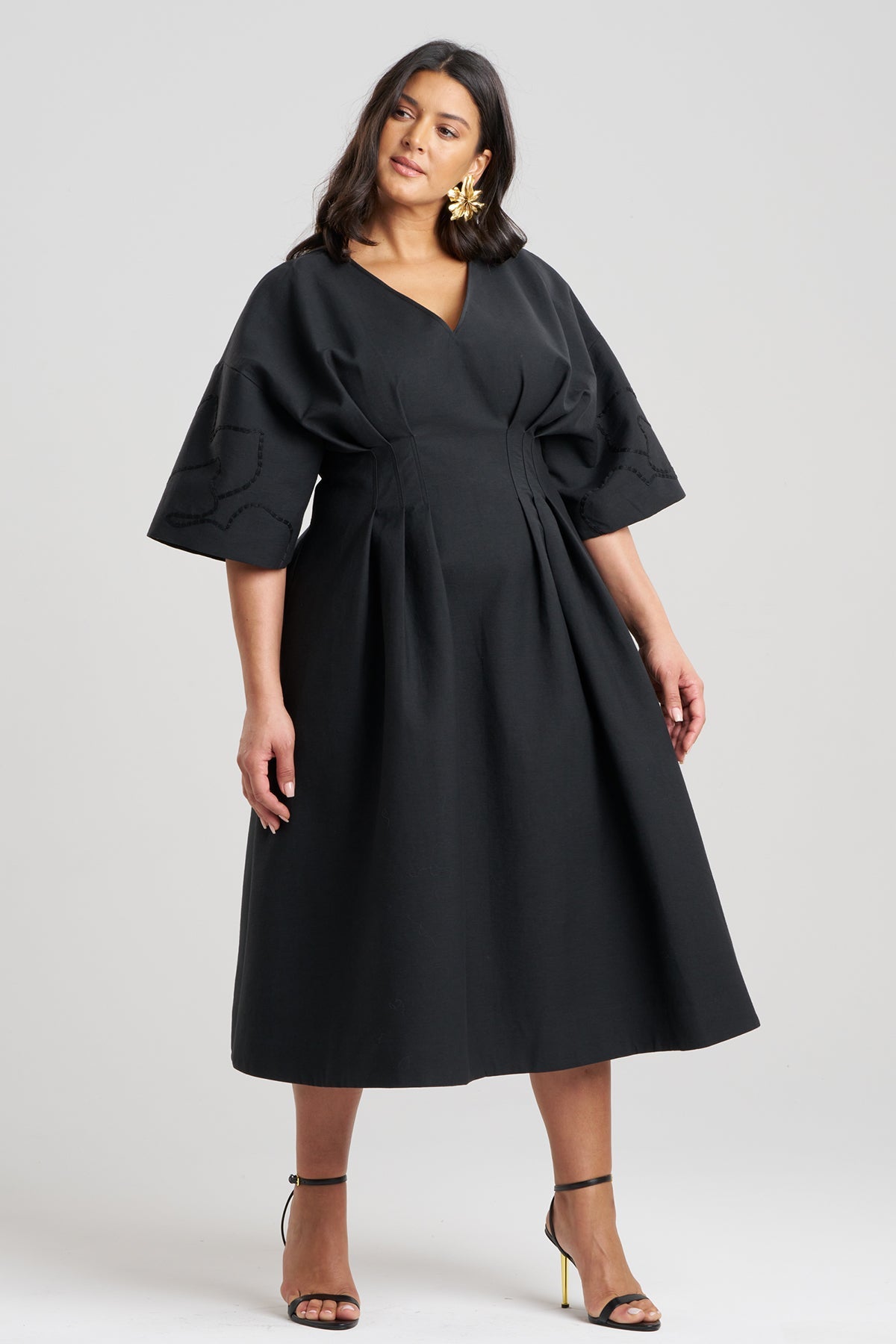 Canvas Cotton Embroidered Dress Black Natori