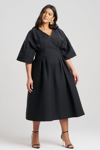 Canvas Cotton Embroidered Dress Black Natori