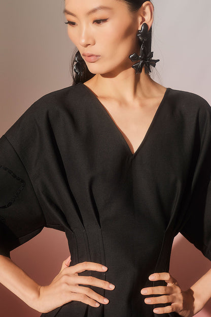 Canvas Cotton Embroidered Dress Black Natori