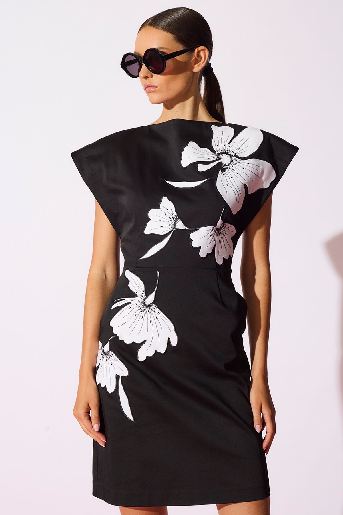 Cotton Chino Embroidered Mini Dress Black Natori
