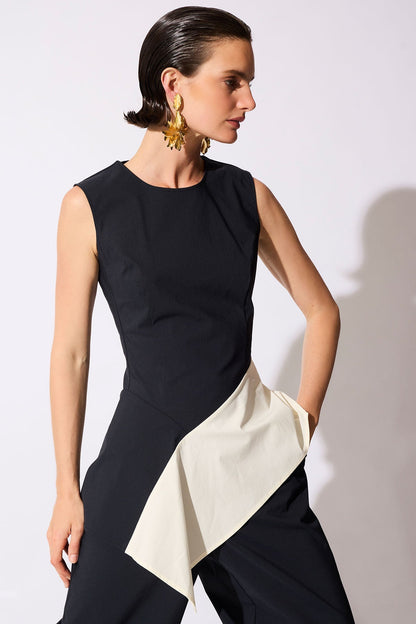 Color Block Tech Cotton Taffeta Asymmetric Top Black/White Natori