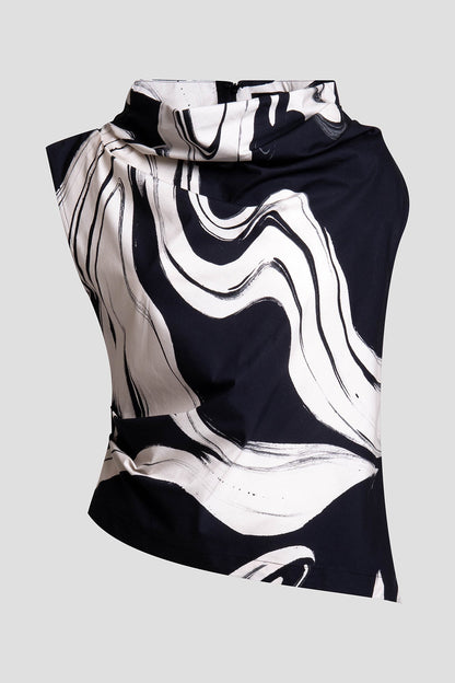 Kaze Cotton Asymmetric Funnel Neck Top Black Natori