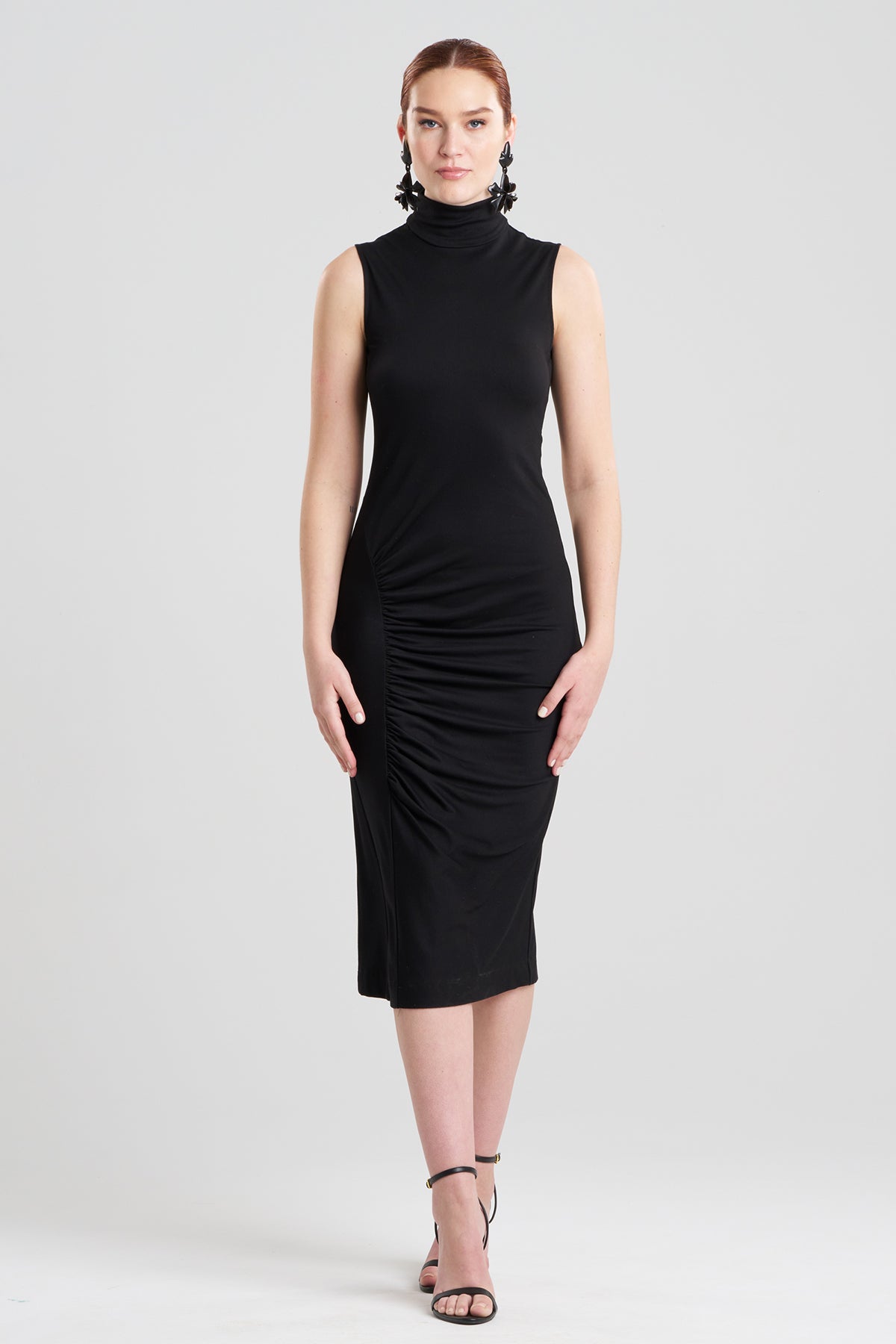 Crepe Knit Mock Neck Ruched Dress Black Natori