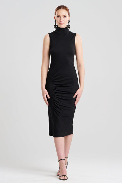 Crepe Knit Mock Neck Ruched Dress Black Natori