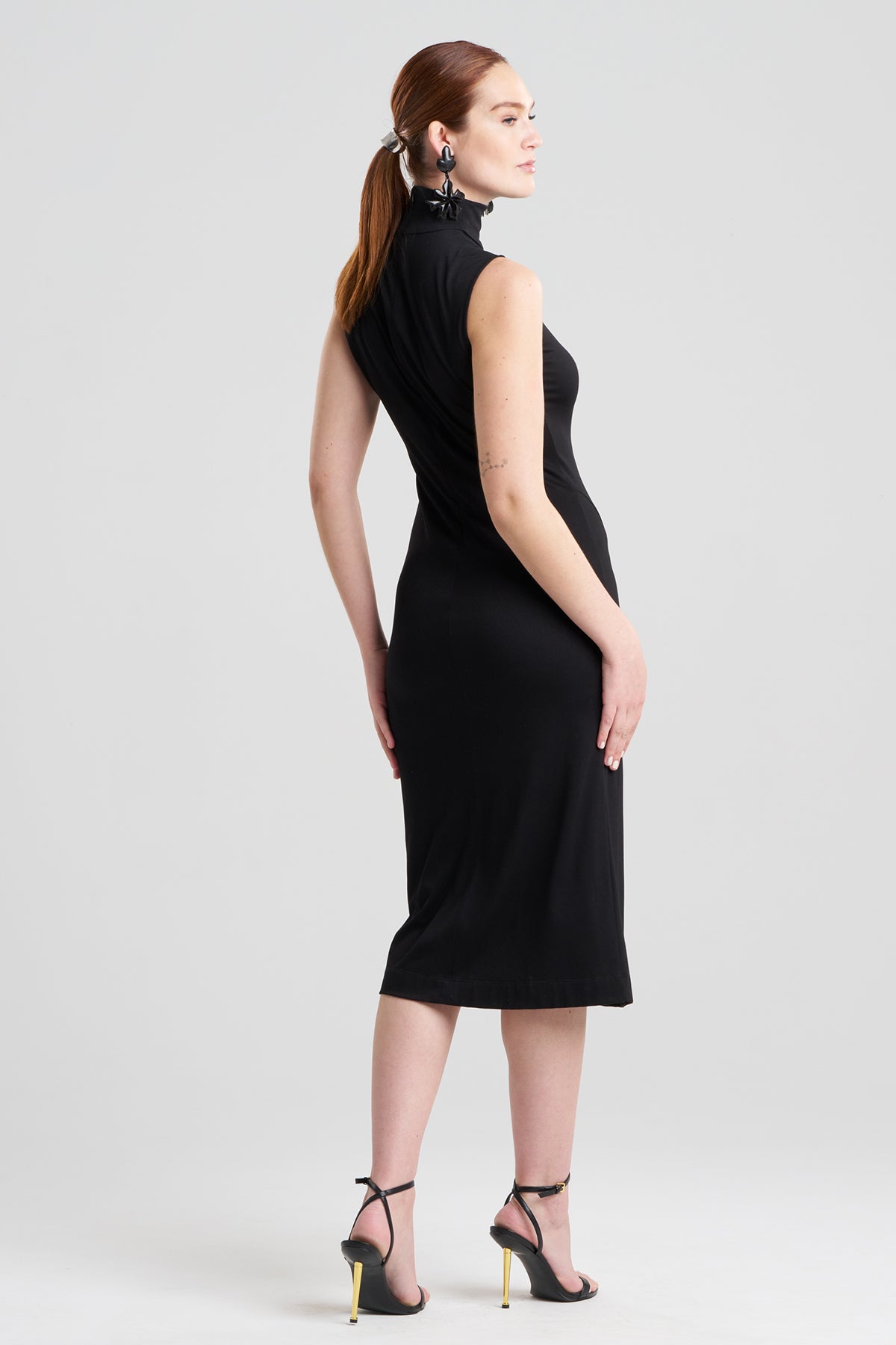 Crepe Knit Mock Neck Ruched Dress Black Natori