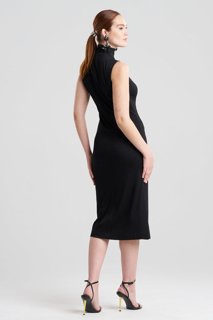 Crepe Knit Mock Neck Ruched Dress Black Natori