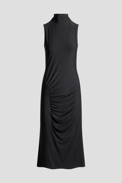 Crepe Knit Mock Neck Ruched Dress Black Natori