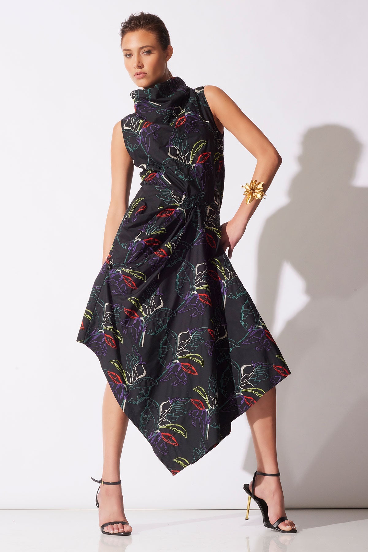 Yoru Embroidered Cotton Poplin Origami Asymmetric Skirt Black Deep Orchid Natori