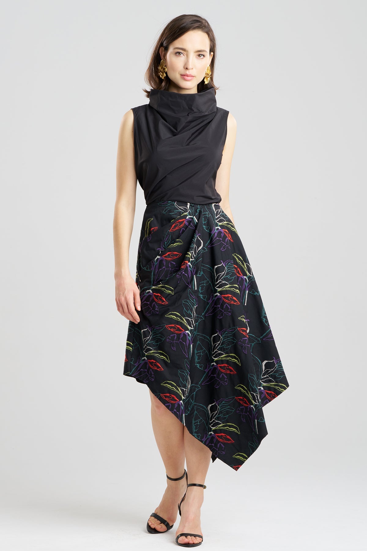 Yoru Embroidered Cotton Poplin Origami Asymmetric Skirt Black Deep Orchid Natori